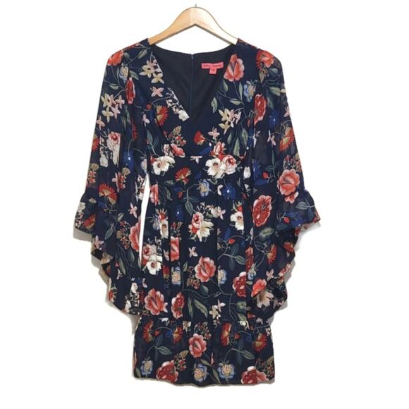 Betsey Johnson Bambi Floral V Neck Bell Sleeve Ruffle Hem Blue Mini Dress Size 6 - Picture 1 of 12